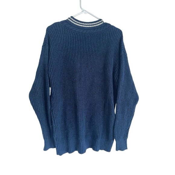American Eagle Womens V Neck Ribbed Sweater Size Large Navy Blue Tennis Stripe - Picture 2 of 6